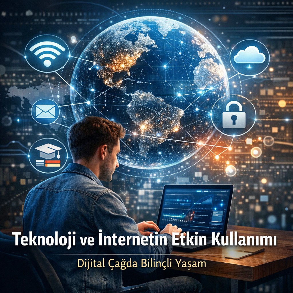 Modern dünyada teknoloji ve internet kullanımı, dijital bağlantılar ve bilgisayar üzerinden bilgiye erişim